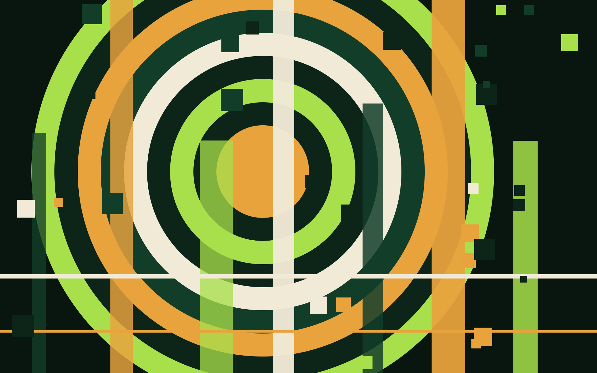 Lime, amber and cream concentric rings crossed by vertical blades on a deep green background